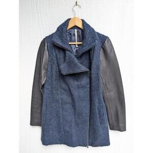 Truth And Pride Navy Blue Alpaca Wool Black Leather Sleeve Jacket Coat Small